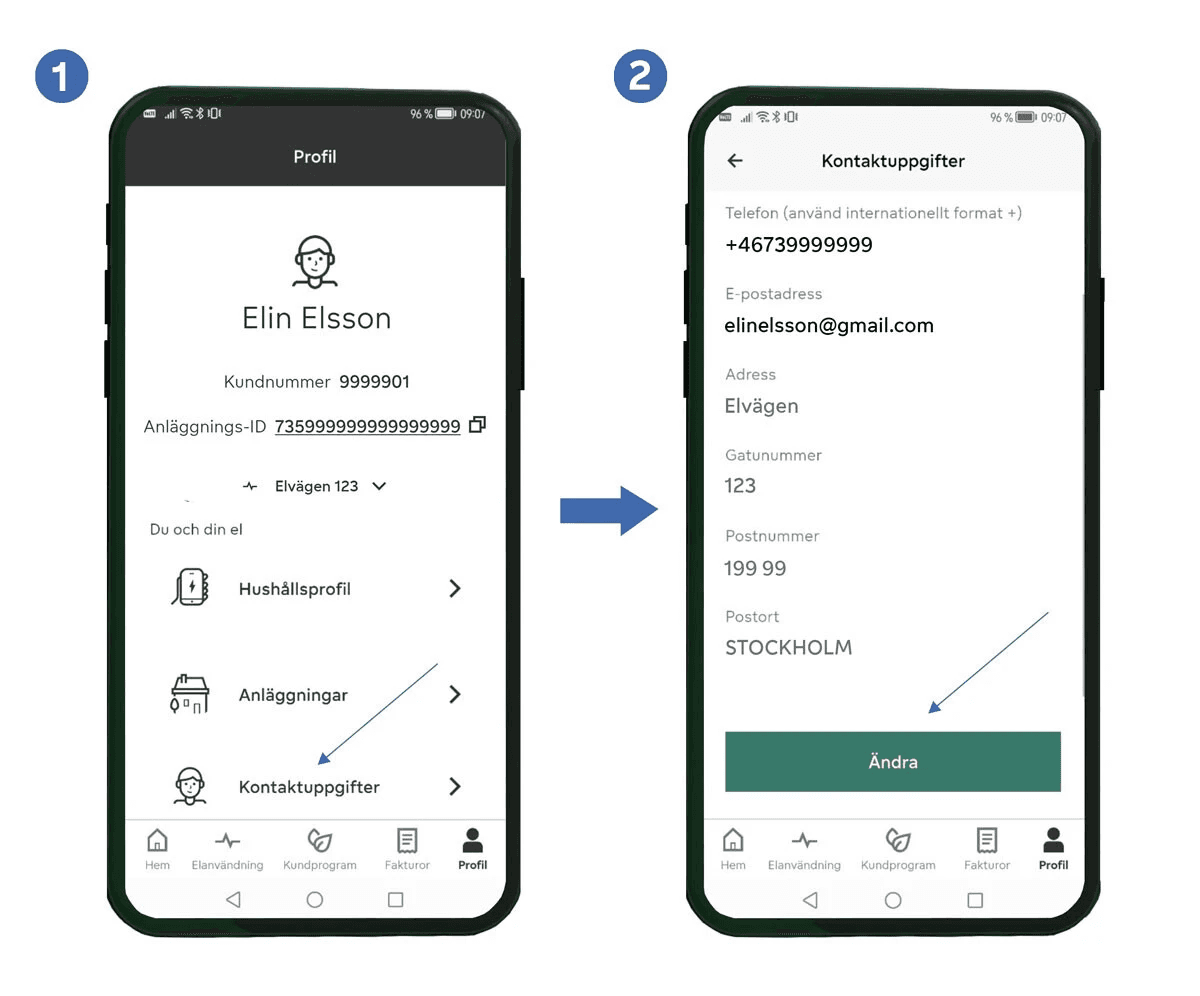 Ändra telefonnummer och e-post