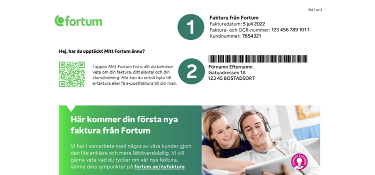 Bild av första sidan på en elräkning från Fortum